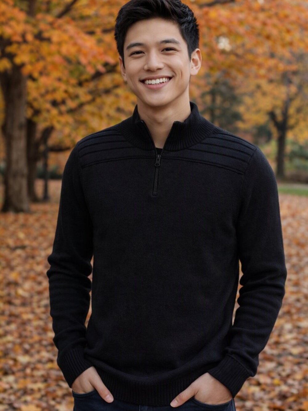 Men’s Black Ribbed Quarter‑Zip Sweater | Modern Minimalist Fall Layer | Pullover